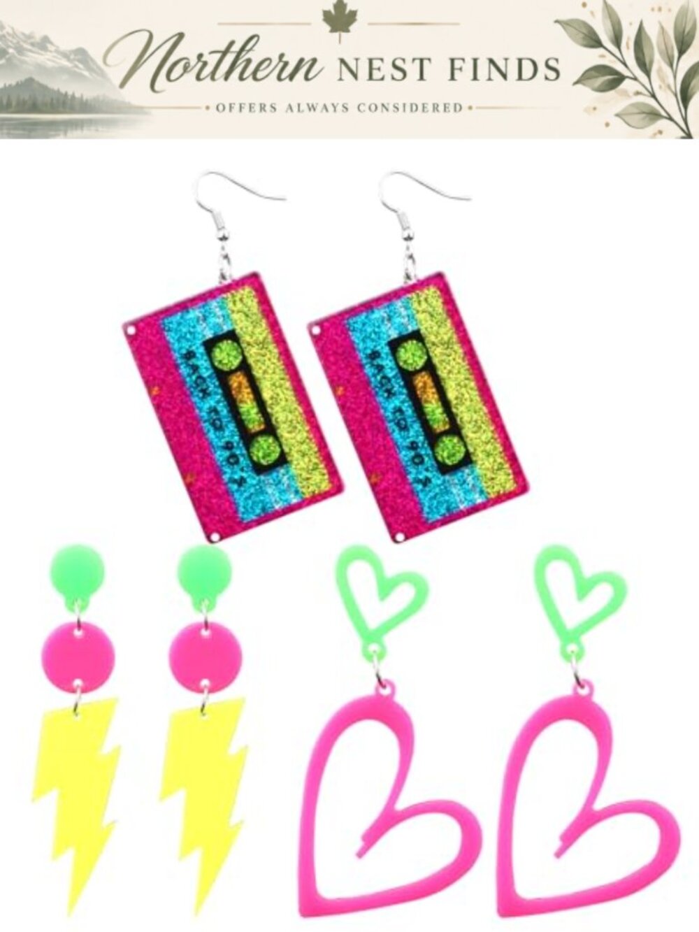 3 Pairs Retro Neon Acrylic Earrings Heart Lightning Tape